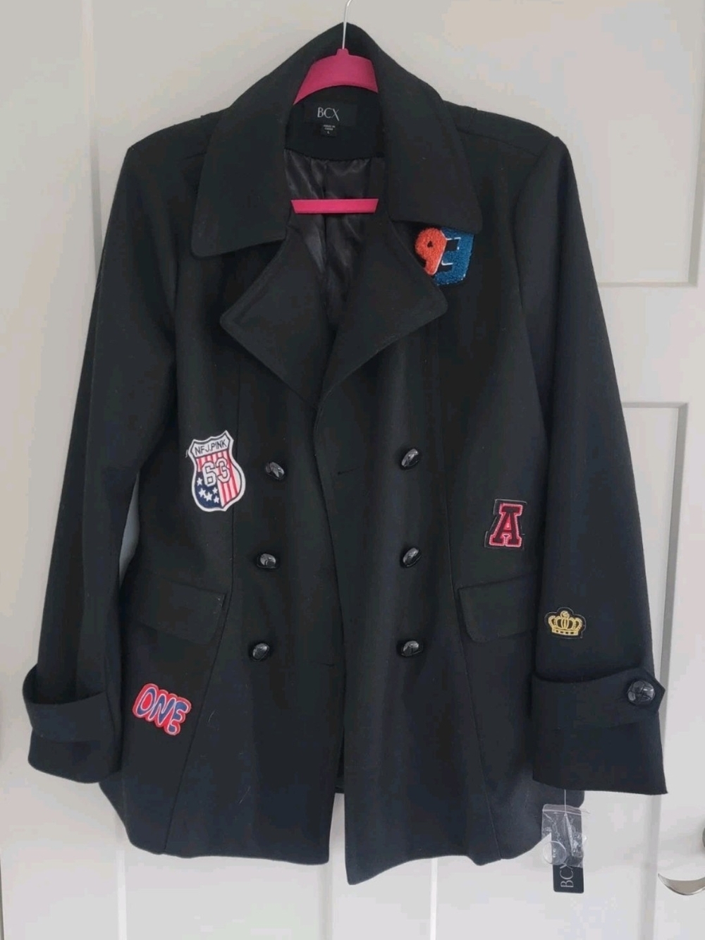 BCX Women's Black Double-Breasted Patch Peacoat